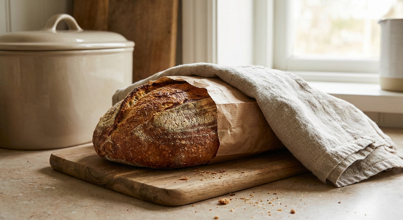 Eco-friendly kitchen scene with bread and apples in reusable mesh bags on a wooden countertop.
