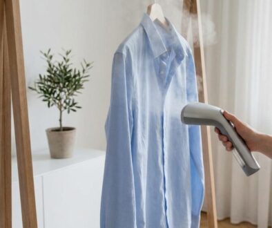 Person using a handheld garment steamer on a light blue shirt hanging on a rack, in a bright room with a plant nearby.