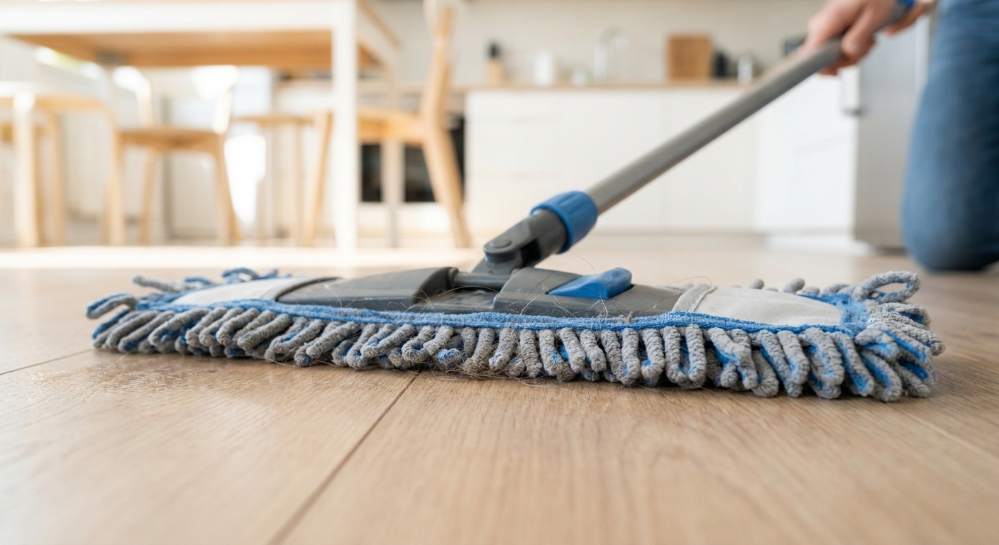 Close-up of a flat mop cleaning a wooden floor in a bright kitchen.