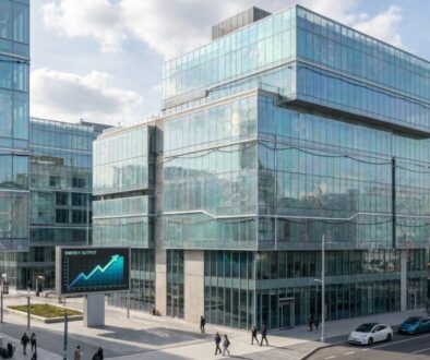Modern glass office complex with reflective blue-tinted buildings along a city street; pedestrians and cars nearby. A digital screen displays an upward-trending 'Energy Output' graph in the foreground.
