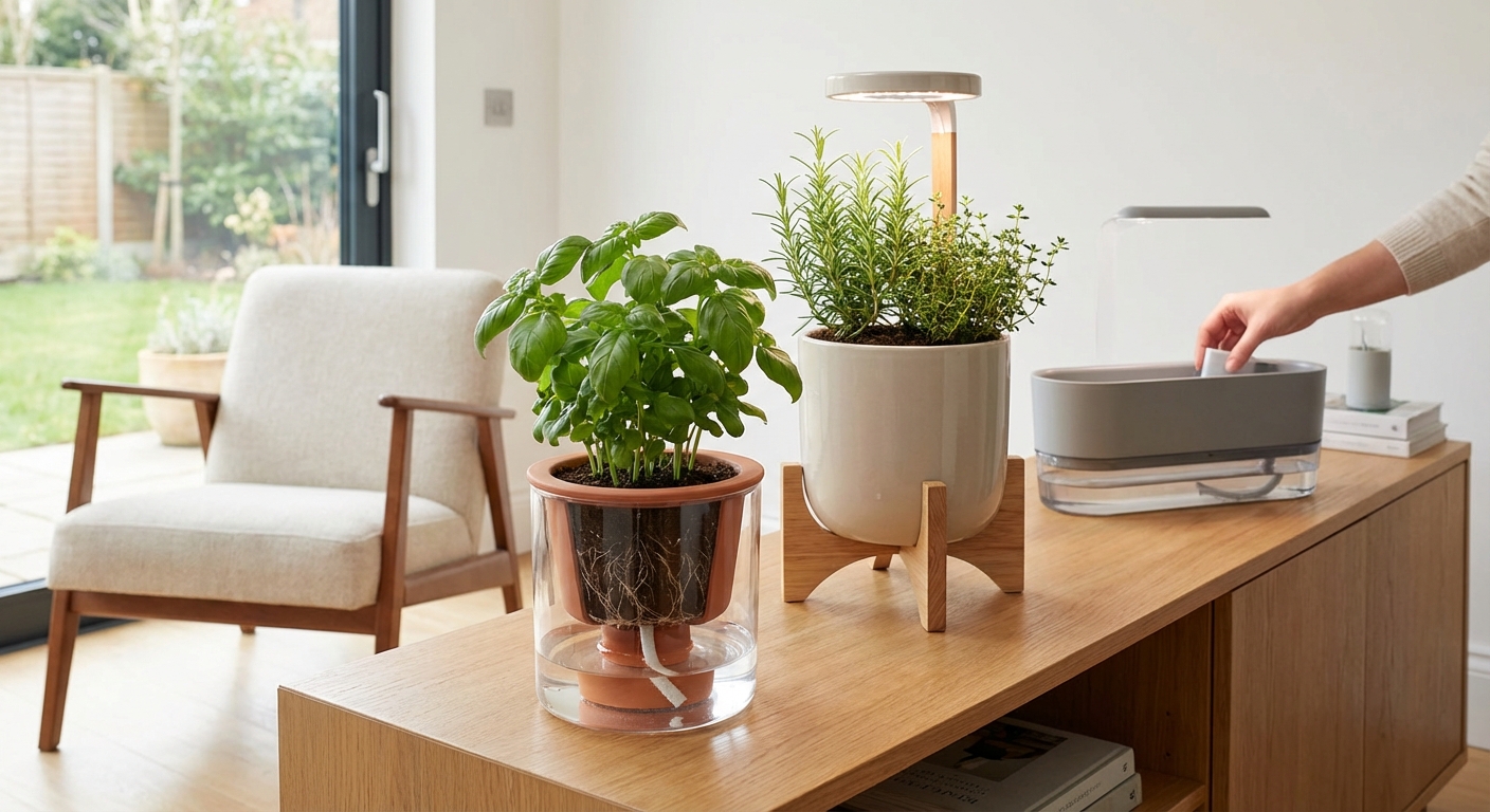 Cozy interior setting featuring wooden decor, table plants, and houseplants by a window.