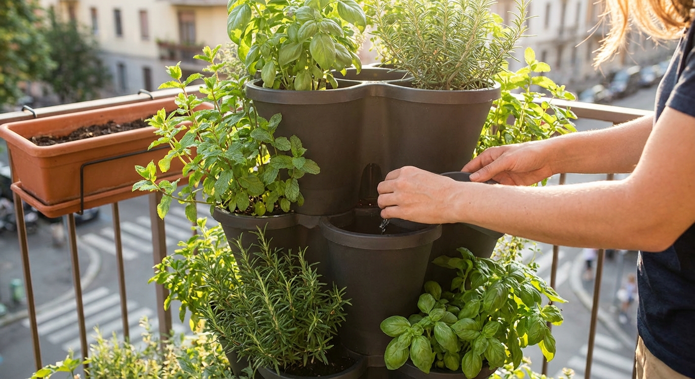 Bright geraniums bloom from a stylish concrete planter on an urban wall, adding color.