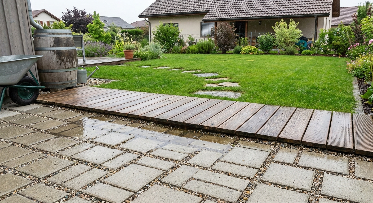 Charming rustic wooden bridge and cobblestone pathway in a lush garden setting.