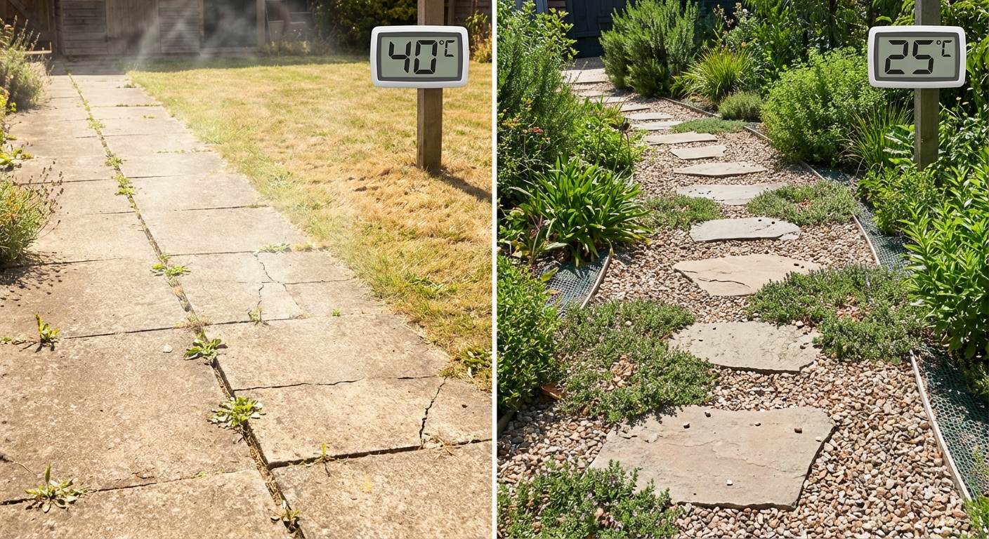 Explore the elegance of a wooden staircase surrounded by lush greenery in an outdoor garden.