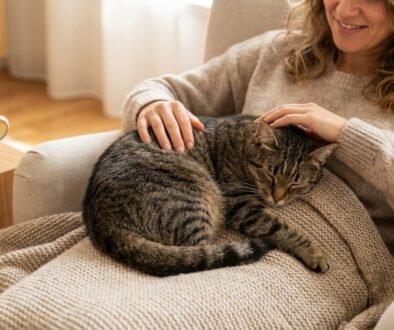 Woman on a sofa gently stroking a tabby cat curled on her lap, cozy, warm living room setting with a mug on a side table