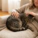 Woman on a sofa gently stroking a tabby cat curled on her lap, cozy, warm living room setting with a mug on a side table