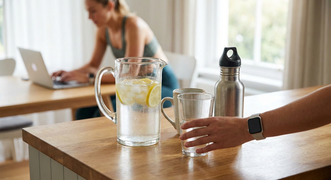 Side view of a woman with blonde hair drinking water from a clear glass.