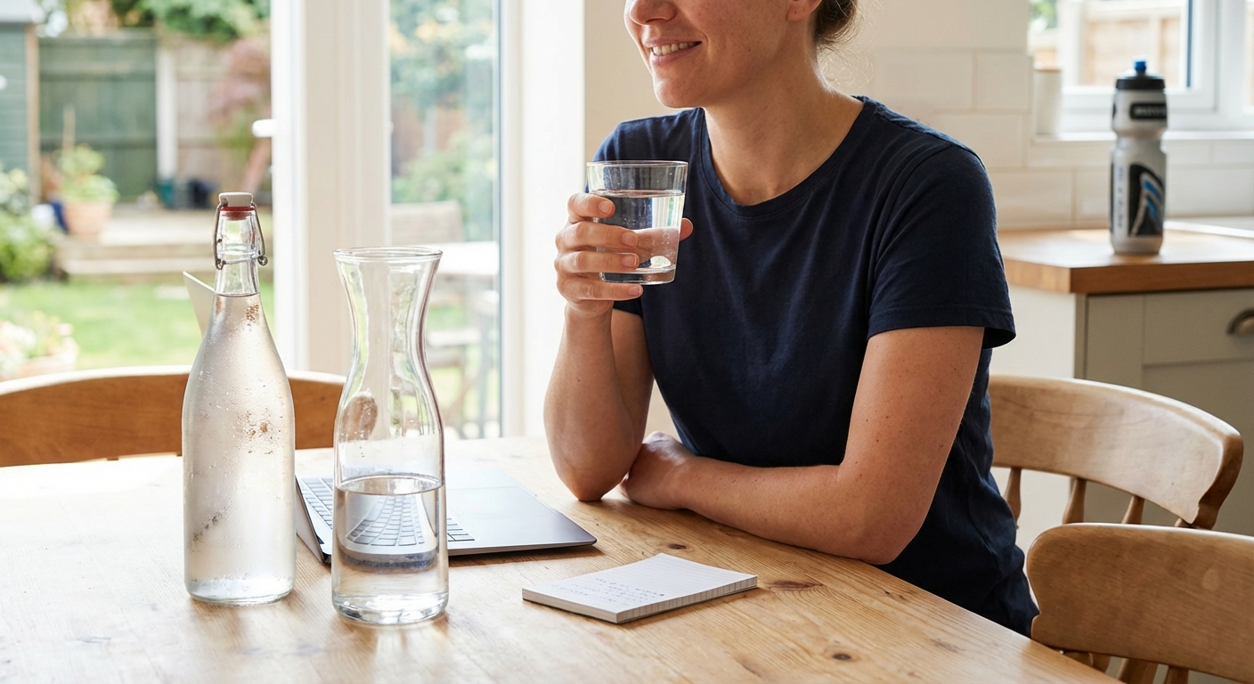 Healthy living concept: Man staying hydrated with water. Indoors, fitness focus.