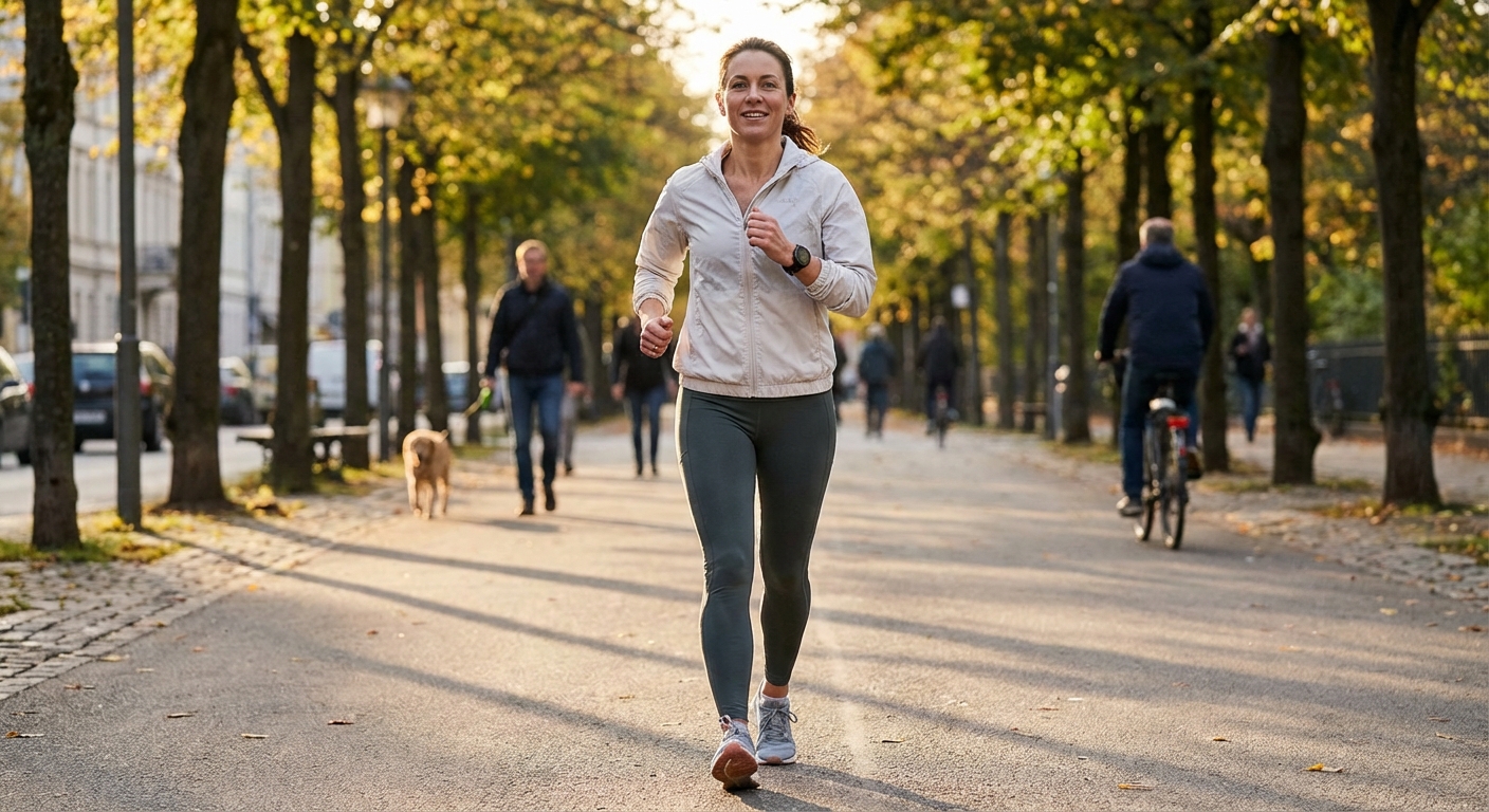 Adult male jogging on a scenic park path, embracing fitness in the fresh morning light.