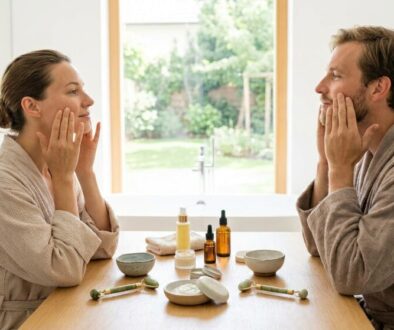 Couple in robes doing a skincare routine at a bathroom vanity with bottles and bowls laid out before them.