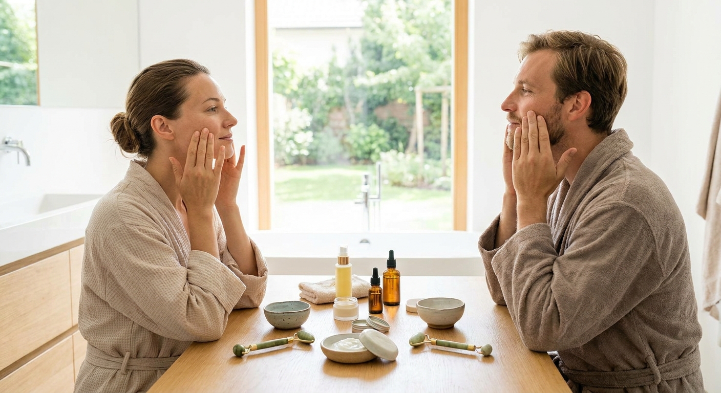 Couple in robes doing a skincare routine at a bathroom vanity with bottles and bowls laid out before them.