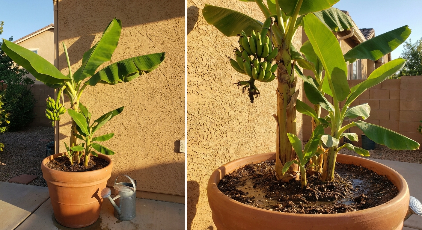 Lush banana leaves illuminated by sunlight with a bright blue sky background.