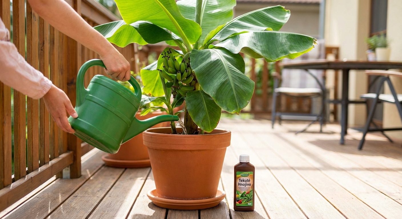 A banana plant in a wooden planter, casting shadows on a rustic wall in Hannover.