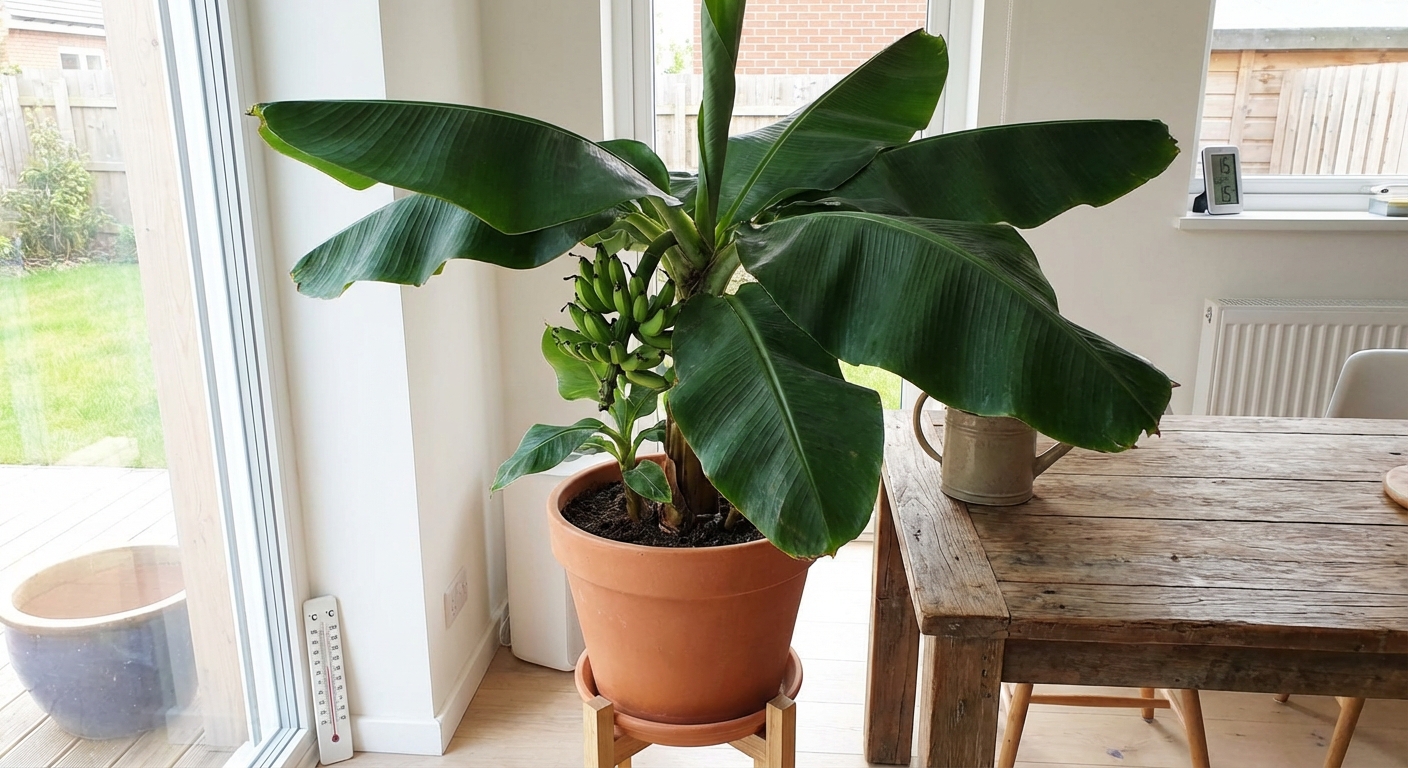 Cluster of ripe bananas hanging from a lush banana tree in a tropical setting.