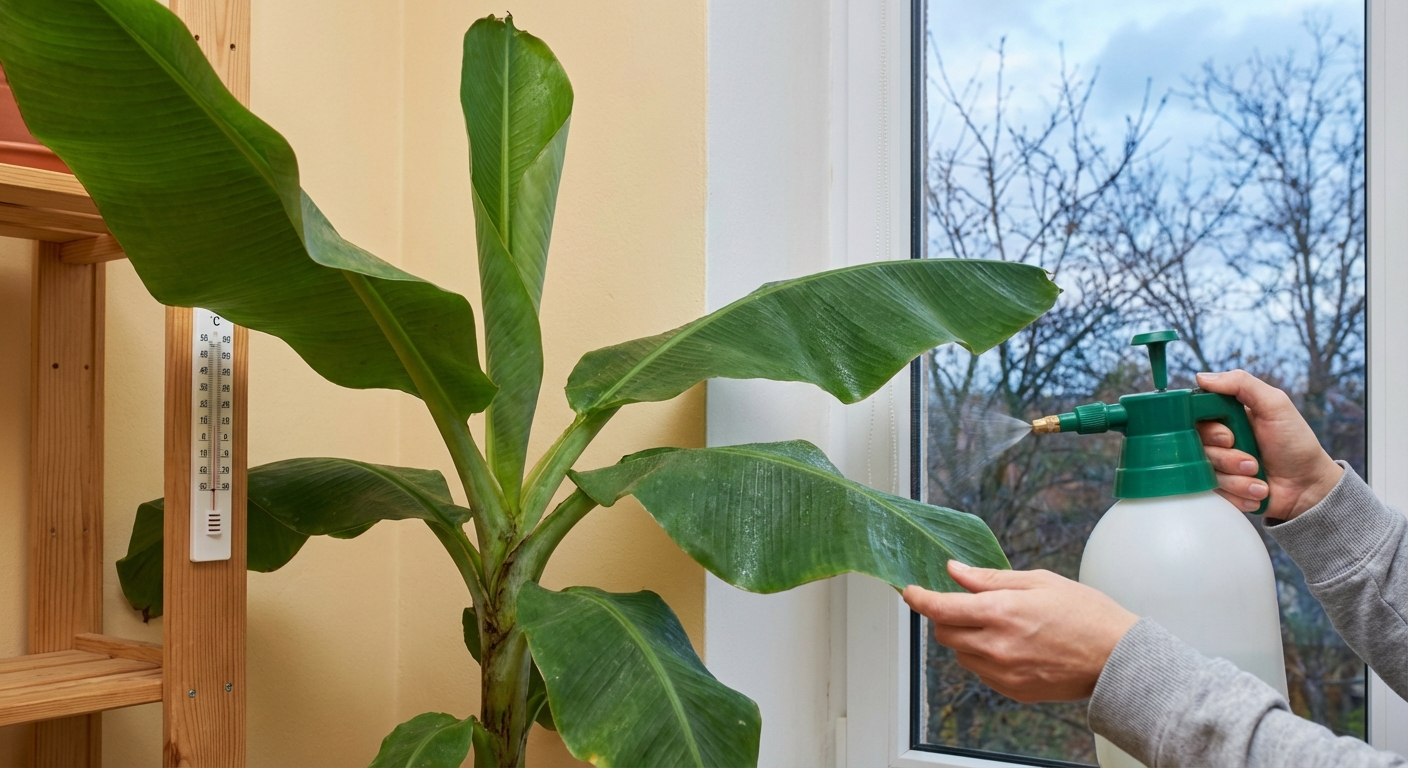 Bunch of green unripe bananas growing in tropical green garden on sunny day
