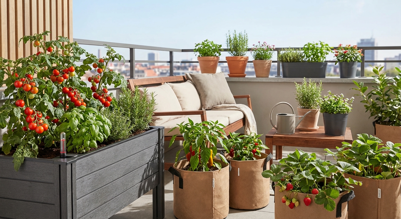 A black and white view of a modern home featuring a minimalist patio with planters.