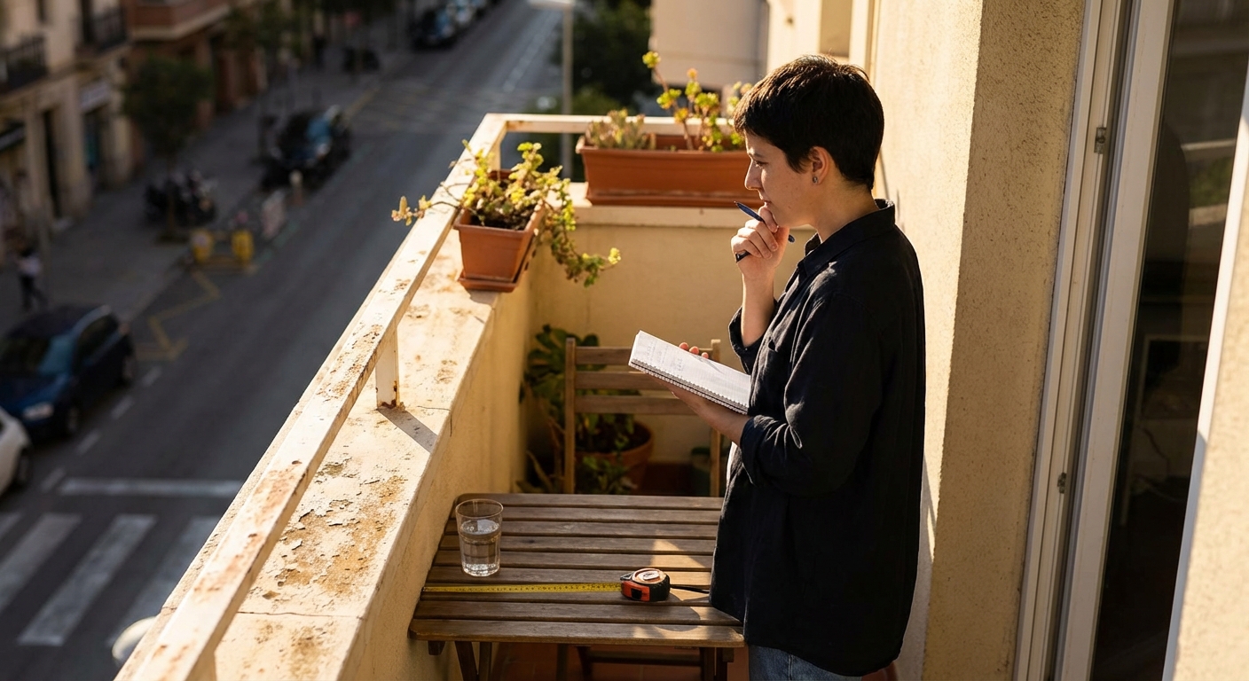 A contemporary balcony featuring wooden chairs, table, and glass wall with a view.