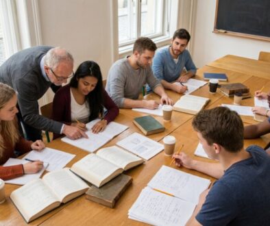 A group of students study around a wooden table with open books, notebooks, and coffee cups, one person assisting another.