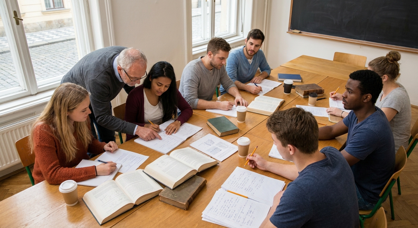 A group of students study around a wooden table with open books, notebooks, and coffee cups, one person assisting another.