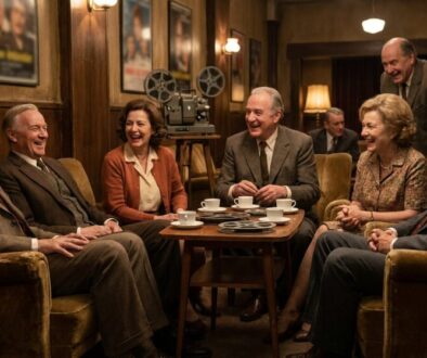 Seven older adults sit around a coffee table in a wood-paneled, retro lounge, laughing and chatting; a vintage film projector behind them.