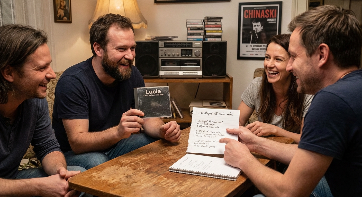 Side view of young thoughtful African American male listening to radio from vintage tape recorder while resting on street and looking down