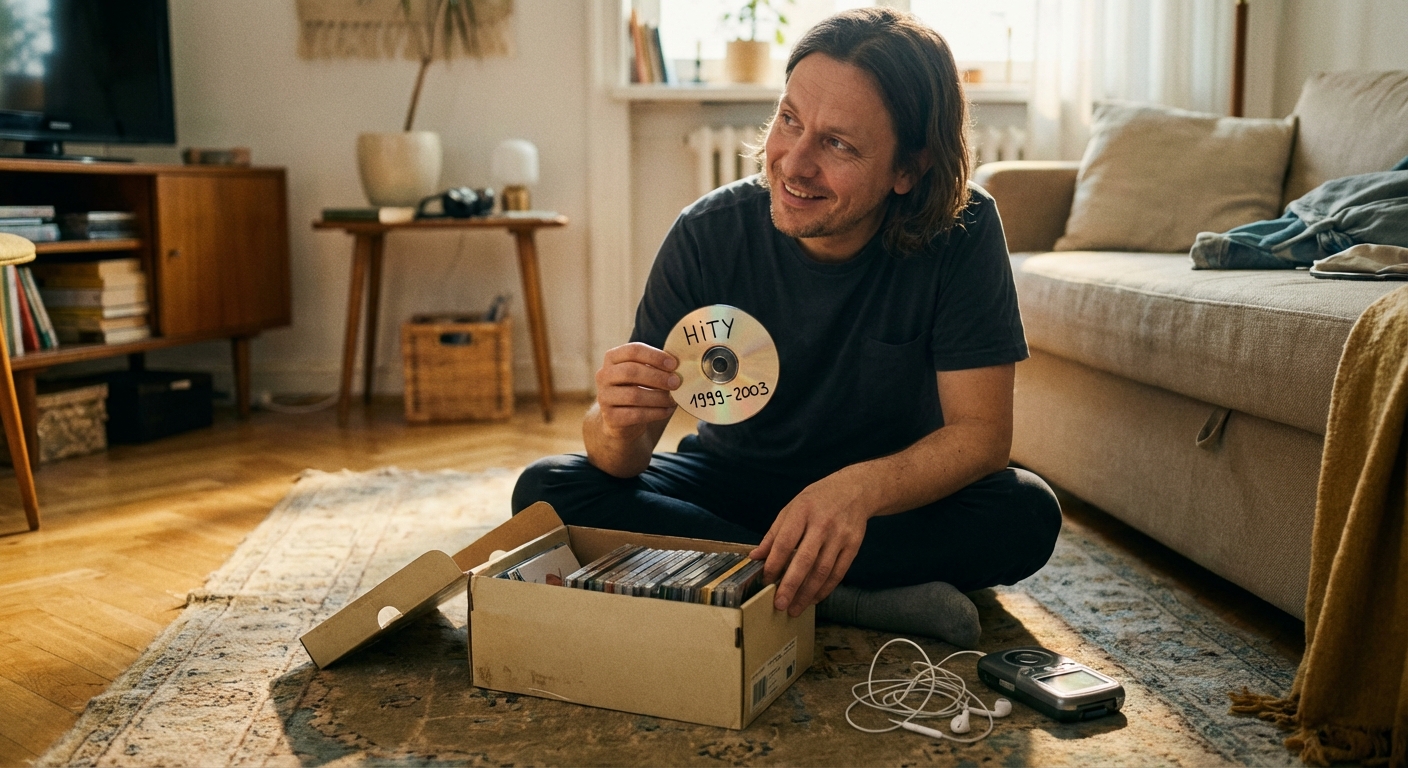 Young pondering African American male listening to radio from old tape recorder while looking forward near grid fence in town