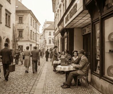 Cobblestone street in a historic European town; pedestrians in mid-20th-century attire walk by while a couple sits at a table outside a camera shop.