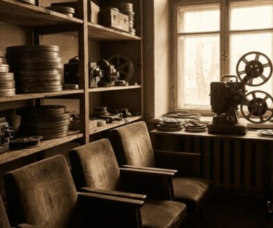 An old film editing room with shelves of film reels, vintage projectors, and three cushioned chairs by a window.