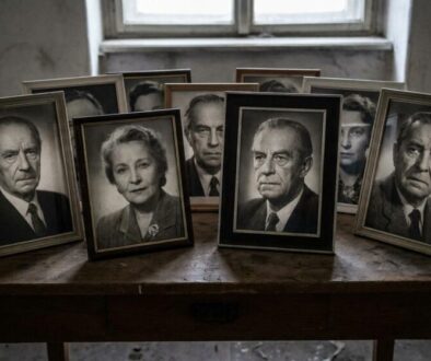 Framed black-and-white portraits of elderly people arranged on a worn wooden table in a dim room by a window.