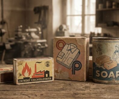 Antique product packaging on a wooden workbench in a workshop: a fire symbol box, a factory/industrial icon box, and a blue 'SOAP' tin.