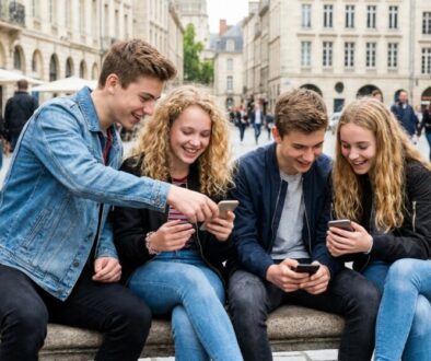 Four teenagers sit on a stone bench in a cobblestone city square, smiling as they look at their phones together.
