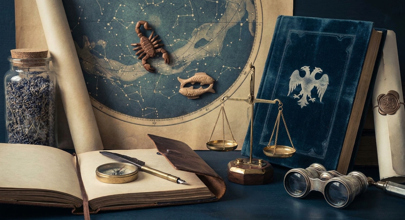 Vintage explorer’s desk with a star map, balance scales, magnifying glass, compass, and antique notebook on a dark wooden surface.