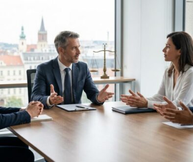 Four professionals sit around a wooden table in a meeting, a city skyline visible through the windows.