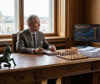 Older man in a suit sits at a large wooden desk in a sunlit office, with stock charts on two monitors and papers nearby.