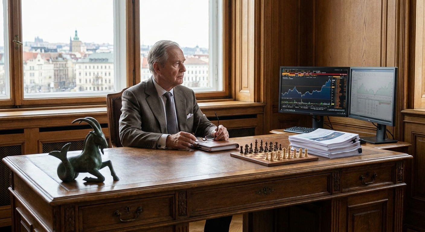 Older man in a suit sits at a large wooden desk in a sunlit office, with stock charts on two monitors and papers nearby.