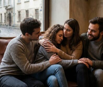 Four friends sit on a brown couch by a rain-spattered window, comforting one another with hugs.