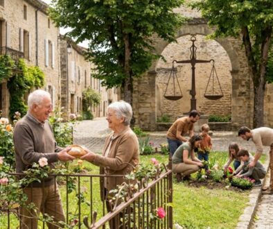 Elderly couple exchanges a loaf of bread in a cobblestone village square, with a rose garden nearby.