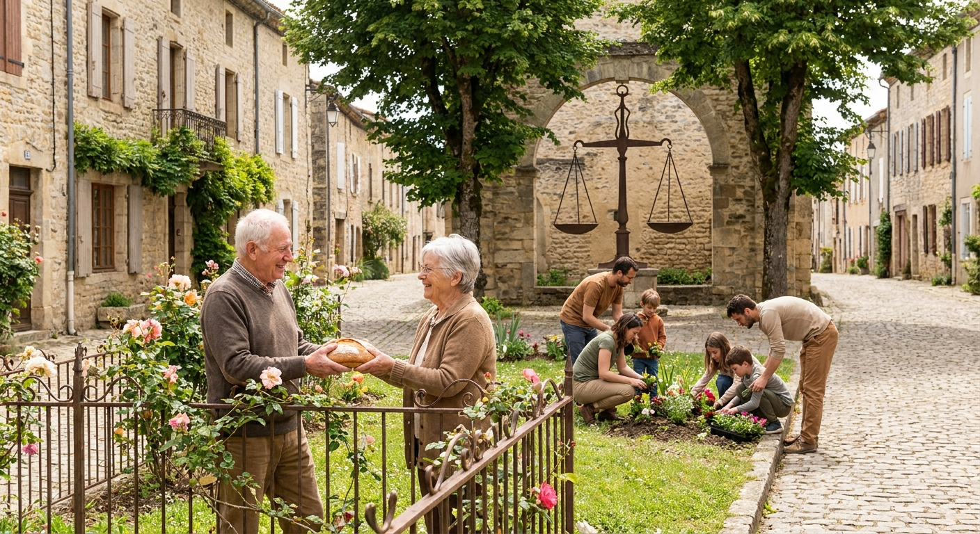 Elderly couple exchanges a loaf of bread in a cobblestone village square, with a rose garden nearby.