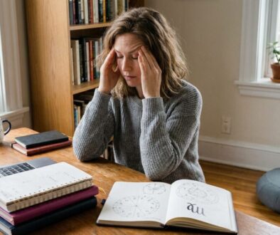 Woman sits at a wooden desk, hands on temples, looking stressed with a laptop, open notebook, and stack of books nearby in a home office.