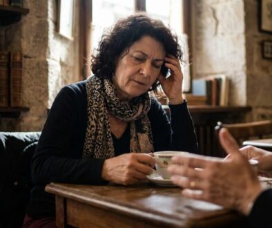 Older woman with a patterned scarf sits at a wooden table in a stone cafe, touching her temple while holding a teacup.