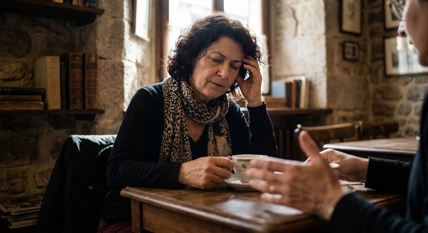 Older woman with a patterned scarf sits at a wooden table in a stone cafe, touching her temple while holding a teacup.