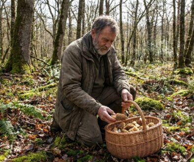 Older man in a brown coat kneels in a mossy forest and gathers mushrooms into a wicker basket.