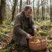 Older man in a brown coat kneels in a mossy forest and gathers mushrooms into a wicker basket.