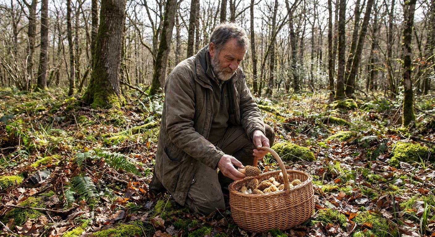 Older man in a brown coat kneels in a mossy forest and gathers mushrooms into a wicker basket.