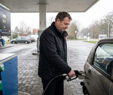 Man in a dark jacket refuels a silver car at a gas station, holding the nozzle near the fuel cap.