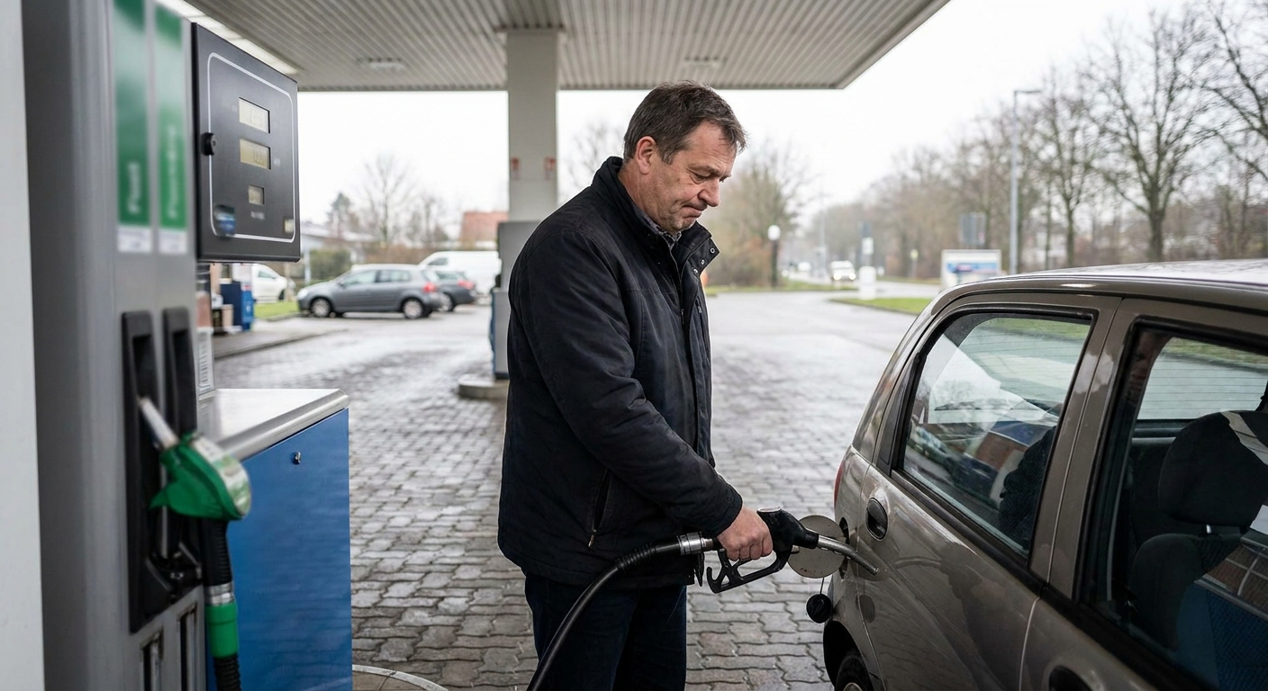 Man in a dark jacket refuels a silver car at a gas station, holding the nozzle near the fuel cap.