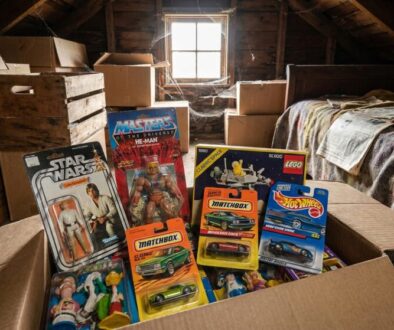 Open cardboard box overflowing with vintage action figure packaging (Star Wars, He-Man) and Matchbox cars in a dusty attic storage space with newspapers and boxes nearby.