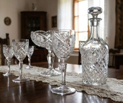 Crystal decanter and matching etched glasses arranged on a wooden dining table with a lace runners, in a sunlit room.