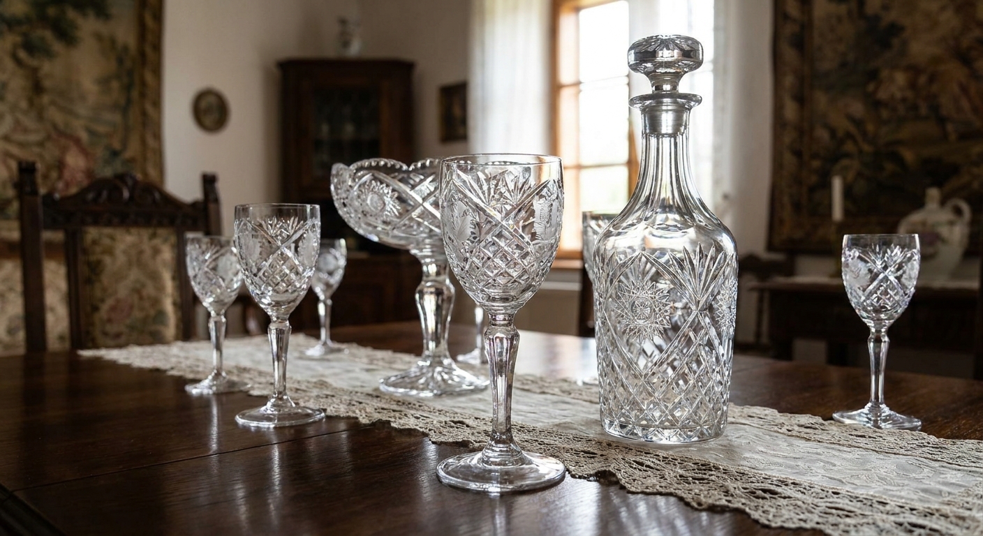 Crystal decanter and matching etched glasses arranged on a wooden dining table with a lace runners, in a sunlit room.