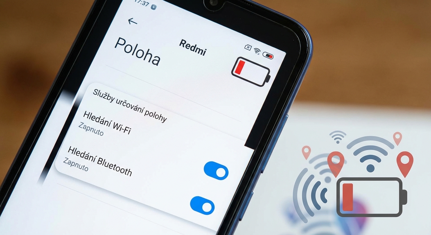 Teenage boy holds a smartphone displaying low battery outdoors in a forest.